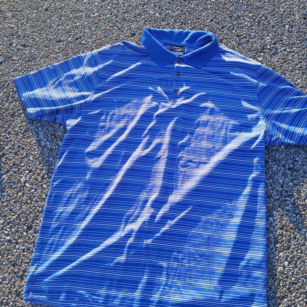 Nike Golf Polo Shirt Mens XL Blue White Striped Dri-Fit Golf Performance